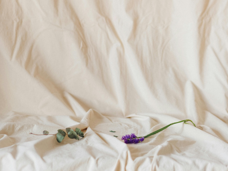 sheet with purple flowers sprinkled on it