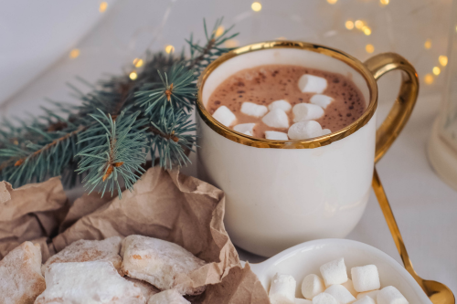 Hot cocoa with cookies and twinkle lights 